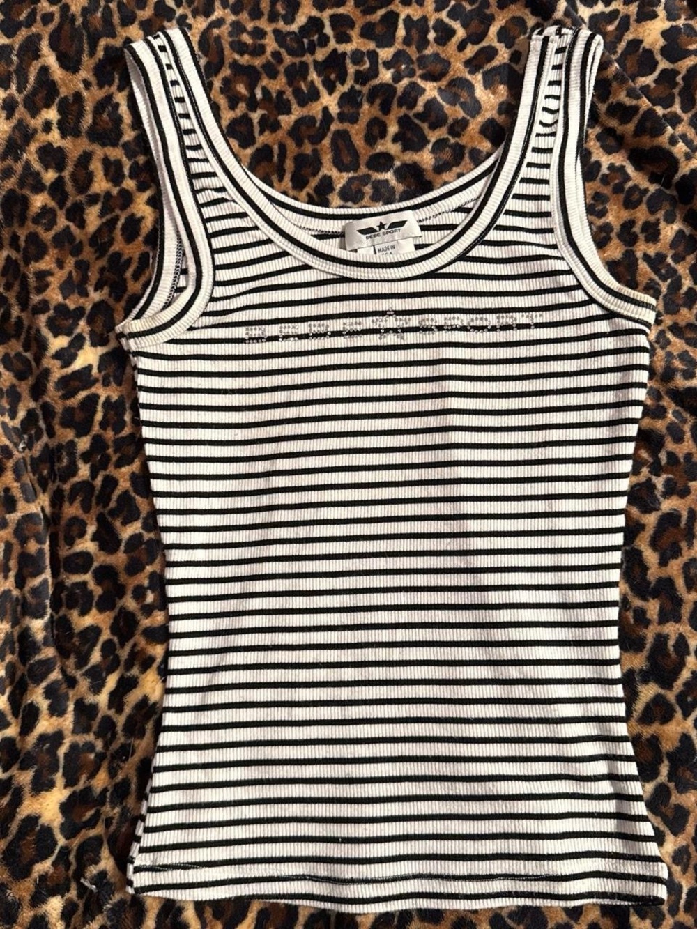 Bebe Black & White Striped Ribbed Tank